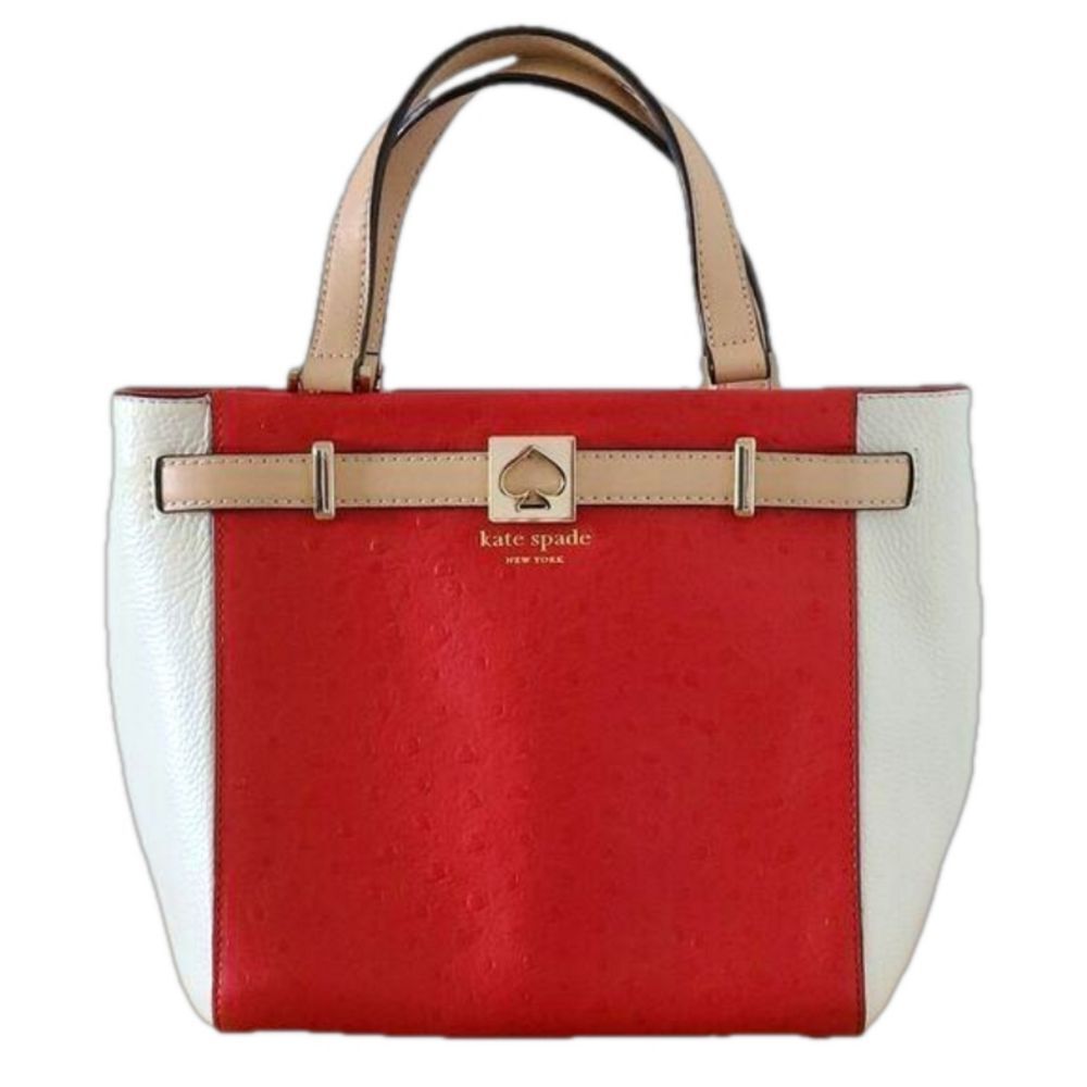 Kate Spade Houston Street Leo Ostrich Embossed Satchel White Red Structured Bag